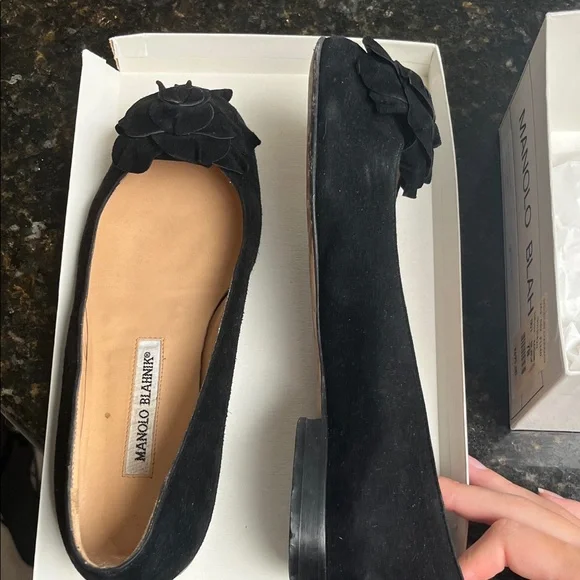 Manolo Blahnik Black Floral Flats